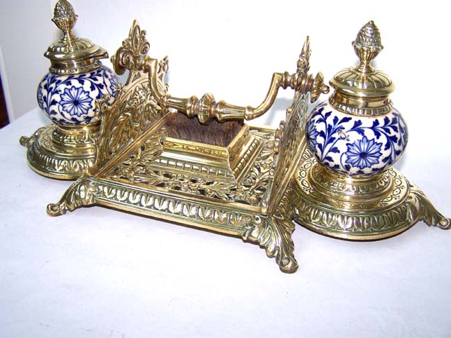 A Beautiful Victorian Brass Instand with two Porcelain Inkwells and a Brush Wipe circa 1875 — image 2